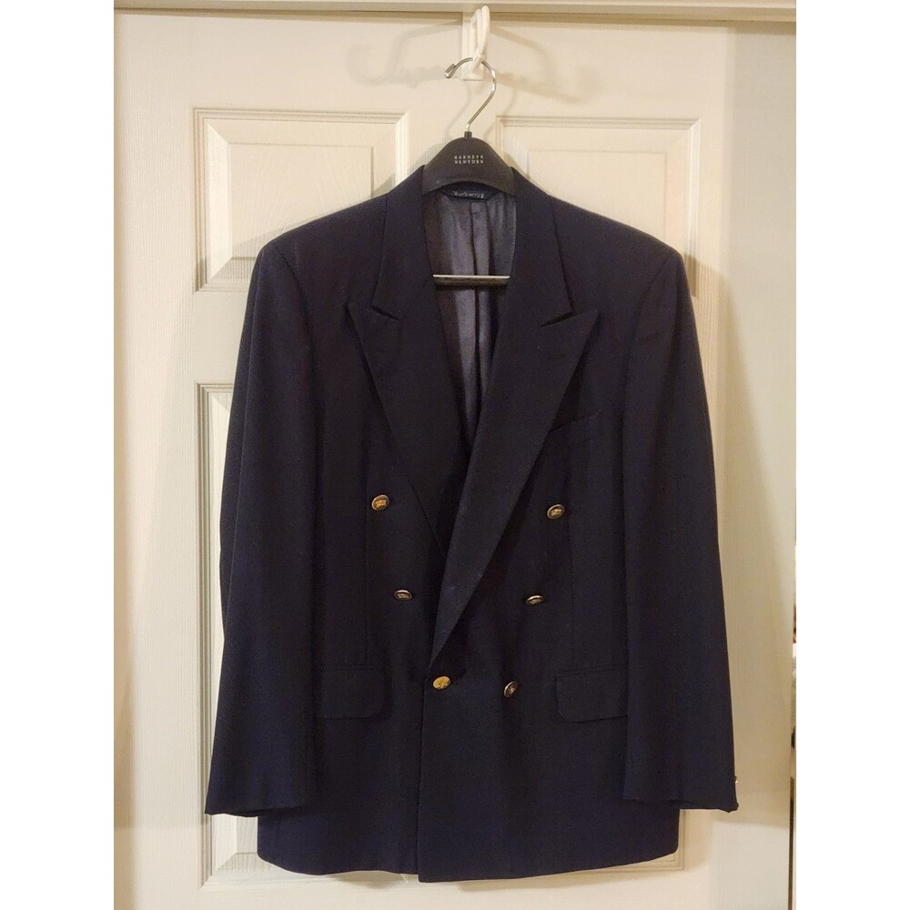Vintage Burberrys Navy Wool Blazer Gold Buttons Double Breasted Mens 42R USA